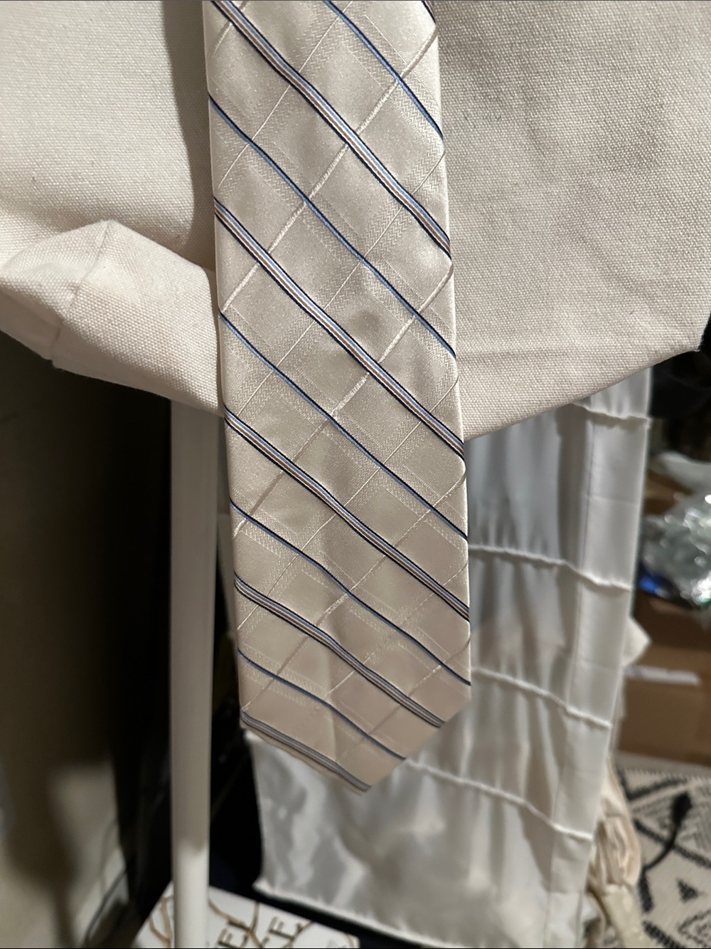 Jones New York Ivory Tie with Blue and Silver Stripes